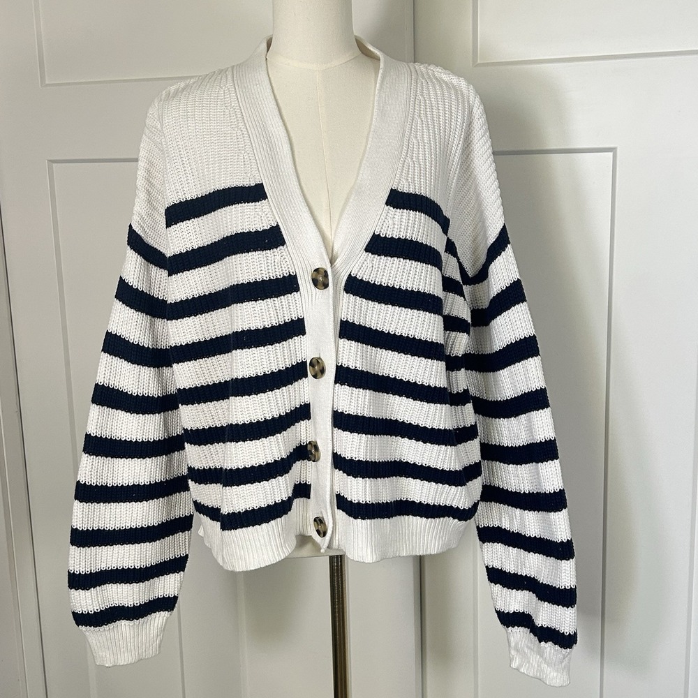Gap Cardigan Sweater Womens XL Navy Cream Striped 100% Cotton Button V-neck